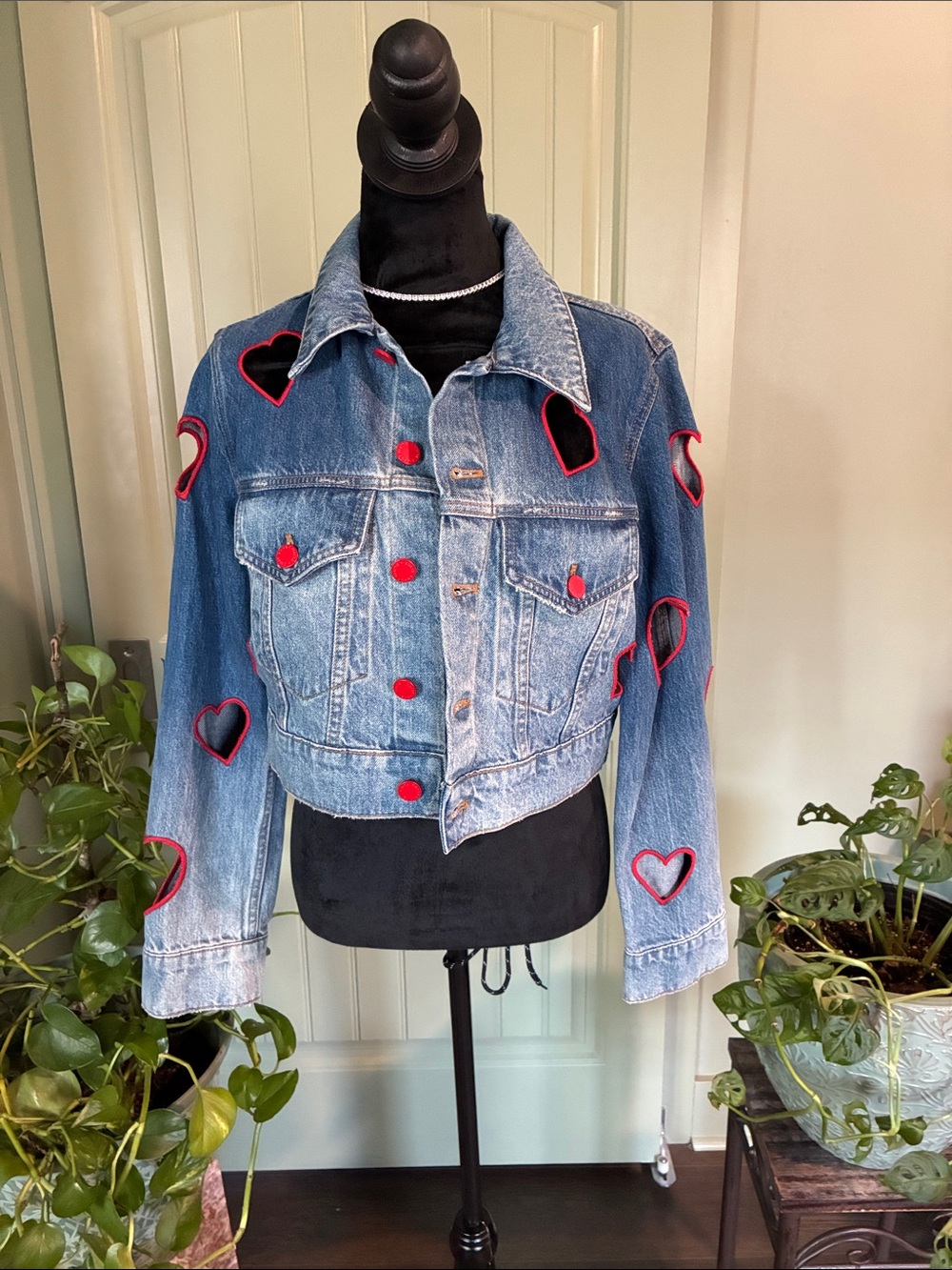 Alice + Olivia Blue Denim Cropped Jacket with Red Heart Accents